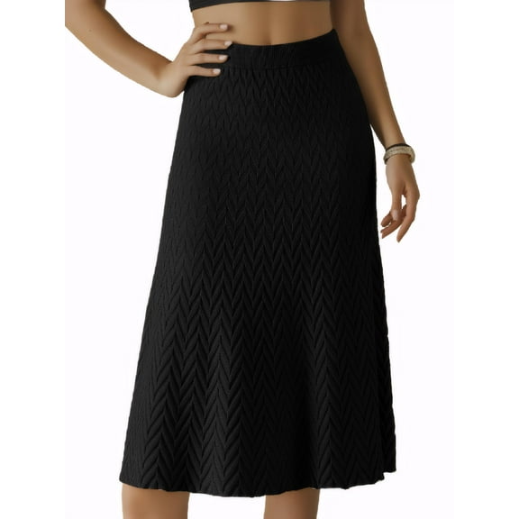 INSPIRE CHIC Women's Ribbed Knit A-Line Skirts Elastic High Waist Stretchy Sweater Midi Skirt S Black