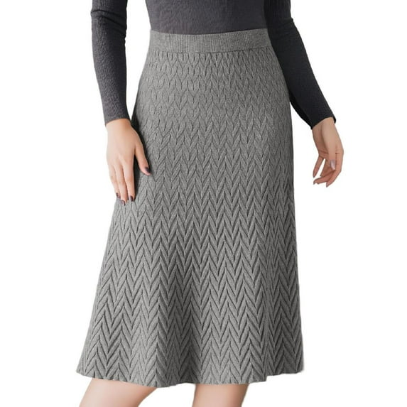 INSPIRE CHIC Women's Ribbed Knit A-Line Skirts Elastic High Waist Stretchy Sweater Midi Skirt L Grey