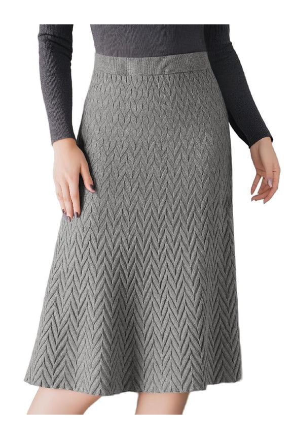 Women's Ribbed Knit A-Line Skirts Elastic High Waist Stretchy Sweater Midi Skirt L Grey