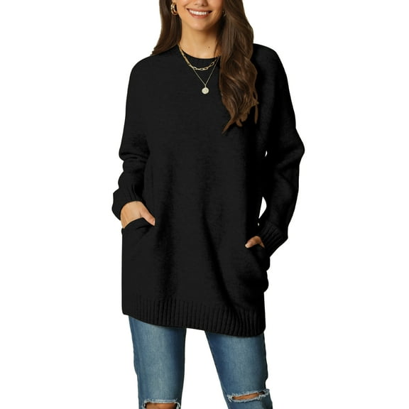 INSPIRE CHIC Women's Round Neck Pullover Long Sleeve Casual Sweater with Pockets L Black
