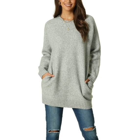 INSPIRE CHIC Women's Round Neck Pullover Long Sleeve Casual Sweater with Pockets XL Grey