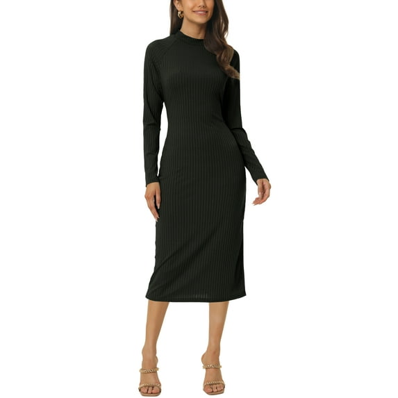 INSPIRE CHIC Women's Round Neck Twist Back Long Sleeve Cable Cut Out Back Knit Midi Dress S Black