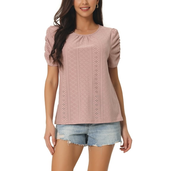 INSPIRE CHIC Women's Ruched Short Sleeve Tops Eyelet Dressy Casual Crewneck Blouses Summer T Shirts M Dusty Pink