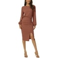 thumbnail image 1 of INSPIRE CHIC Women's Ruched Side Slit Lantern Sleeve Slim Fit Ribbed Knit Bodycon Midi Dress S Brown, 1 of 6