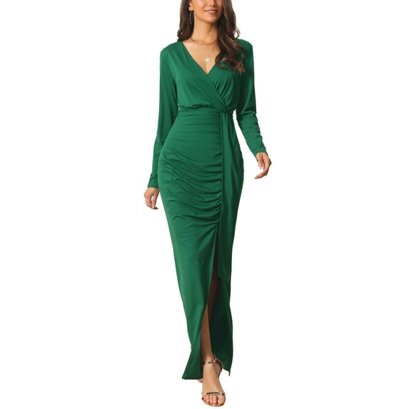 INSPIRE CHIC Women's Maxi Bodycon Dress V Neck Long Sleeve Side Slit Party Dress L Dark Green