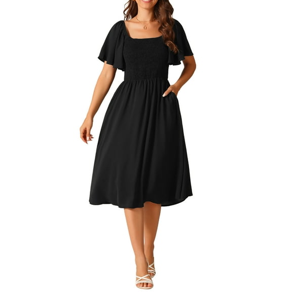 INSPIRE CHIC Women's Ruffle Short Sleeve Dress with Pockets Square Neck Smocked Elastic Waist Casual Midi Dresses Black M