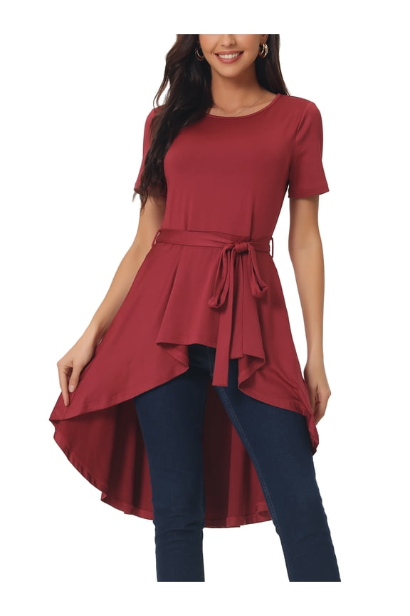 Women's Short Sleeve High Low Hem Tops Round Neck Tie Waist Asymmetrical Irregular Hem Blouse M Wine Red