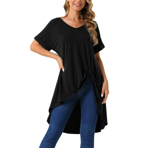 INSPIRE CHIC Women's Short Sleeve High Low Tops Waist Knot Asymmetrical Top V Neck Dressy Casual Blouse L Black
