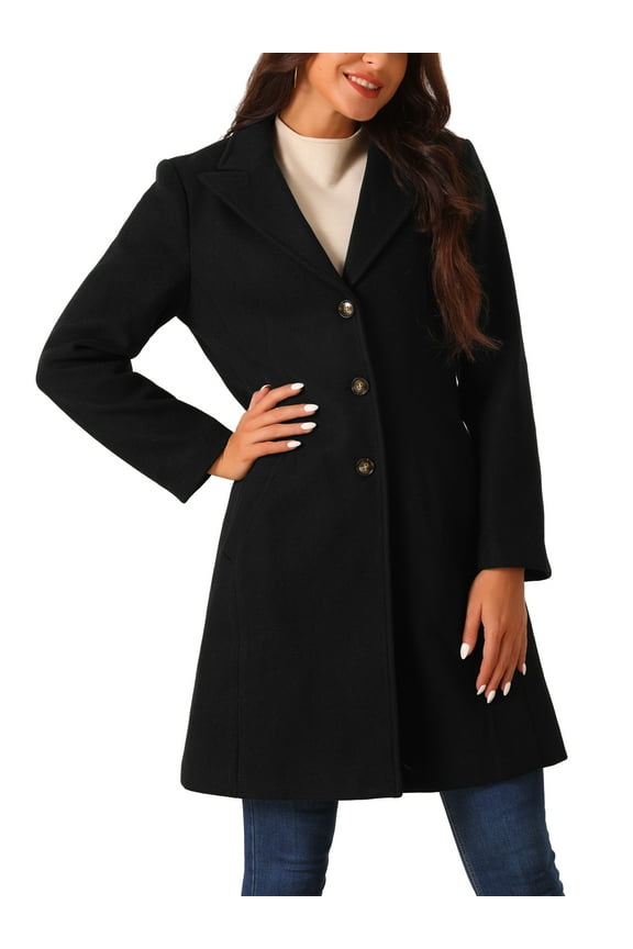 Women's Single Breasted Peacoat Fashion Winter Notched Lapel Button Down Outerwear Overcoat XL Black