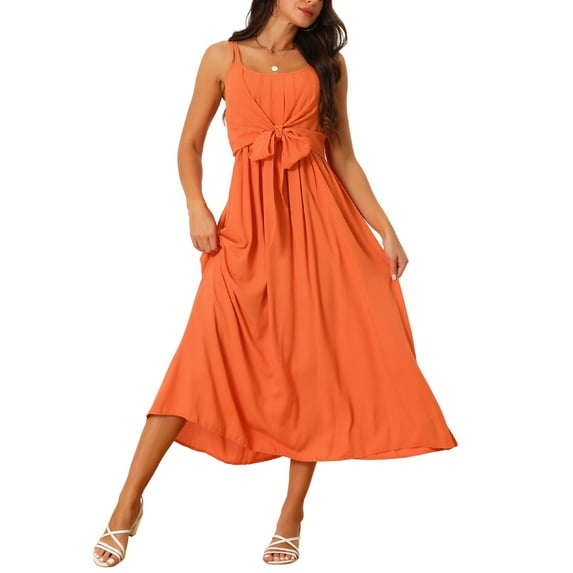 INSPIRE CHIC Women's Sleeveless Casual Midi Dress 2024 Tie Front Flowy Summer Sundress Orange L