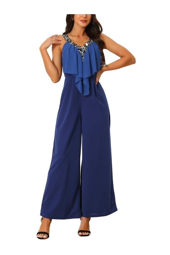 Women's Sleeveless Jumpsuits Summer Stretchy Wide Leg Long Pants Ruffle Romper Jumpsuit Royal Blue S
