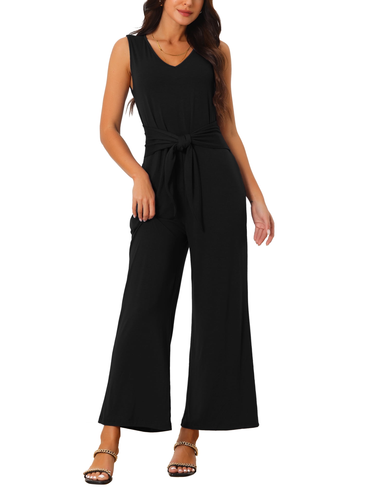 Seta T Women s Sleeveless Jumpsuits Tie Waist Stretchy Long Pant Romper Jumpsuit with Pockets