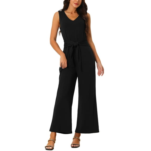INSPIRE CHIC Women's Sleeveless Jumpsuits Tie Waist Stretchy Long Pant Romper Jumpsuit with Pockets M Black