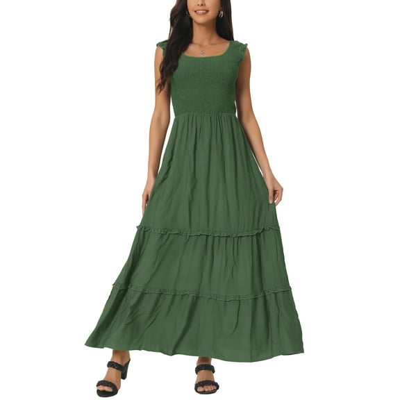 INSPIRE CHIC Women's Sleeveless Summer Dress Scoop Neck Casual Maxi Dress with Pockets M Army Green