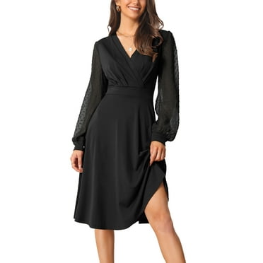 Seta T Women's  Spring Fall V Neck Wrap Swiss Dots Lantern Sleeve Midi Wrap Dress L Black