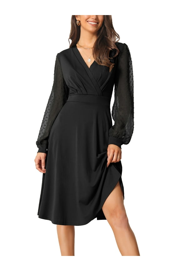Women's Wrap Dress V Neck Lantern Long Sleeves Swiss Dots Midi Dress with Pockets Black M
