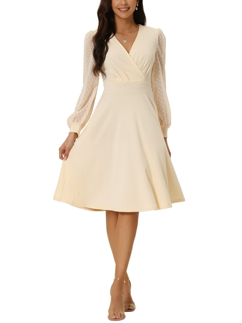 INSPIRE CHIC Women's Wrap Dress V Neck Lantern Long Sleeves Swiss Dots Midi  Dress with Pockets Apricot S - Walmart.com