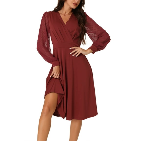 INSPIRE CHIC Women's Wrap Dress V Neck Lantern Long Sleeves Swiss Dots Midi Dress with Pockets S Wine Red