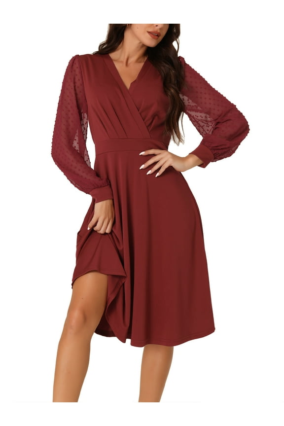 Women's Wrap Dress V Neck Lantern Long Sleeves Swiss Dots Midi Dress with Pockets Wine Red S