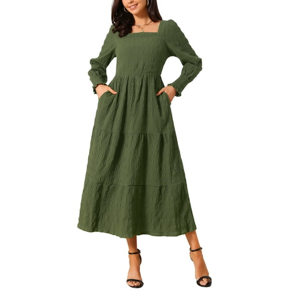 INSPIRE CHIC Women's Square Neck Smocked Waist Long Sleeve Flowy Midi Dress Soft Casual Elegant Tiered Dresses S Green