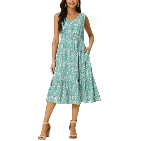 INSPIRE CHIC Valentine's Day Women's Summer Boho Beach Dresses V Neck Sleeveless Floral Flowy Tie Midi Casual Sundress S Green