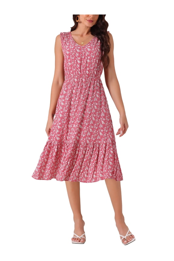 Women's Boho Sundress V Neck Floral Print Tiered Midi Casual Dress Red XL