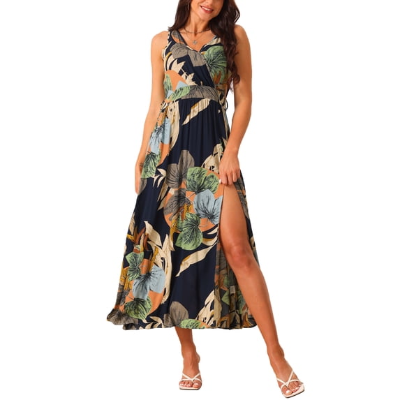 INSPIRE CHIC Women's Summer Boho Maxi Dresses V Neck Sleeveless Floral Flowy Split Hem Belted Casual Sundress Navy Blue L