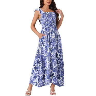 Seta T Women's Summer Boho Smocked Beach Dresses Square  Neck Sleeveless Ruffle Floral Flowy Maxi Sundress