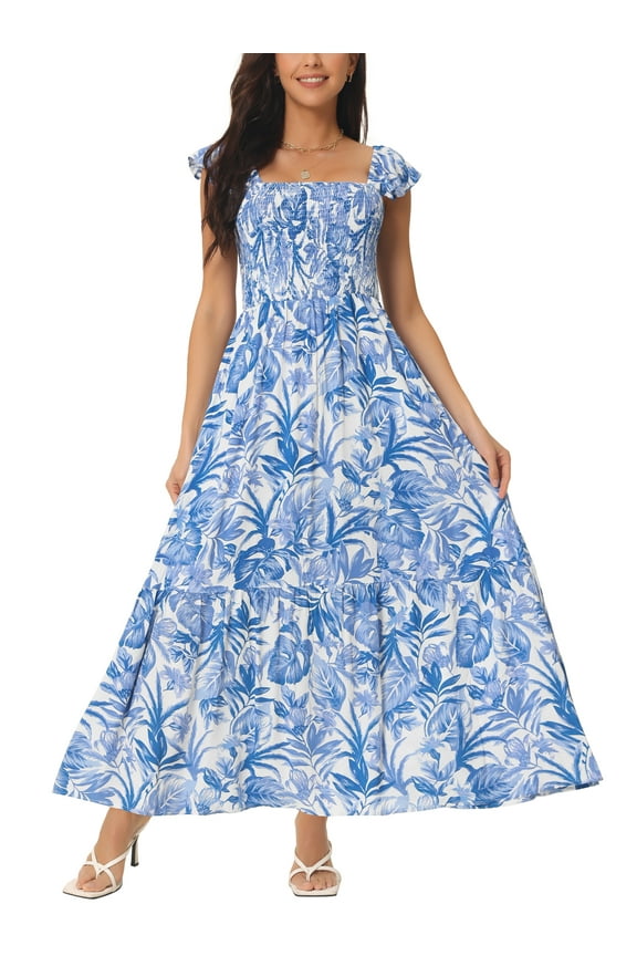 Women's Summer Boho Smocked Beach Dresses Square Neck Sleeveless Ruffle Floral Flowy Maxi Sundress S Blue