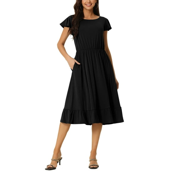 INSPIRE CHIC Women's Summer Casual Dress with Pockets Flutter Short Sleeve Crew Neck Ruffle Hem Midi Dress M Black