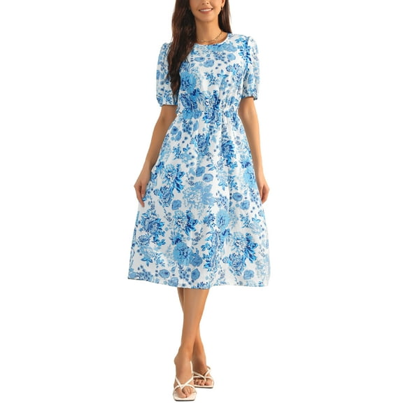 INSPIRE CHIC Women's Summer Casual Floral Dress with Pockets Puff Sleeve Round Neck Cutout Waist Boho Flowy Midi Dress