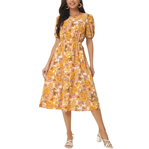 INSPIRE CHIC Women's Summer Casual Floral Dress with Pockets Puff Sleeve Round Neck Cutout Waist Boho Flowy Midi Dress