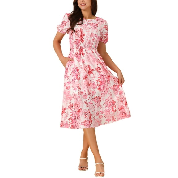 INSPIRE CHIC Women's Summer Casual Floral Dress with Pockets Puff Sleeve Round Neck Cutout Waist Boho Flowy Midi Dress