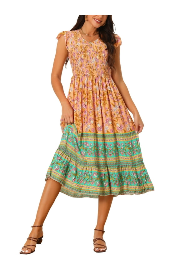 Women's Summer Casual Floral Flutter Sleeve V Neck Smocked High Waist Flowy Boho Midi Dress Orange L