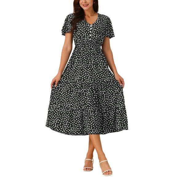 INSPIRE CHIC Women's Summer Casual Short Flutter Sleeve V Neck Elastic Waist Flowy Polka Dots Dress Black M