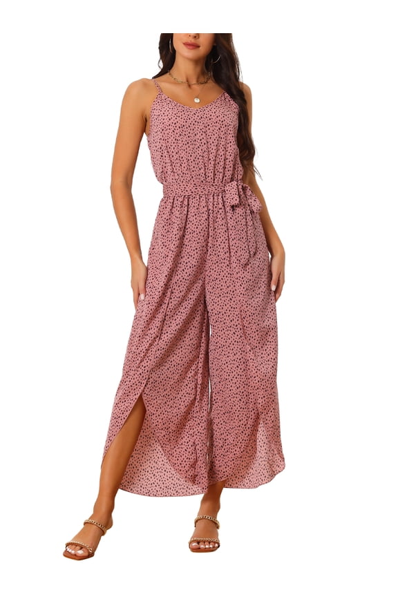 Women's Summer Casual Spaghetti Straps Sleeveless V Neck Tie Waist Split Wide Leg Jumpsuits Rompers Dark Pink S