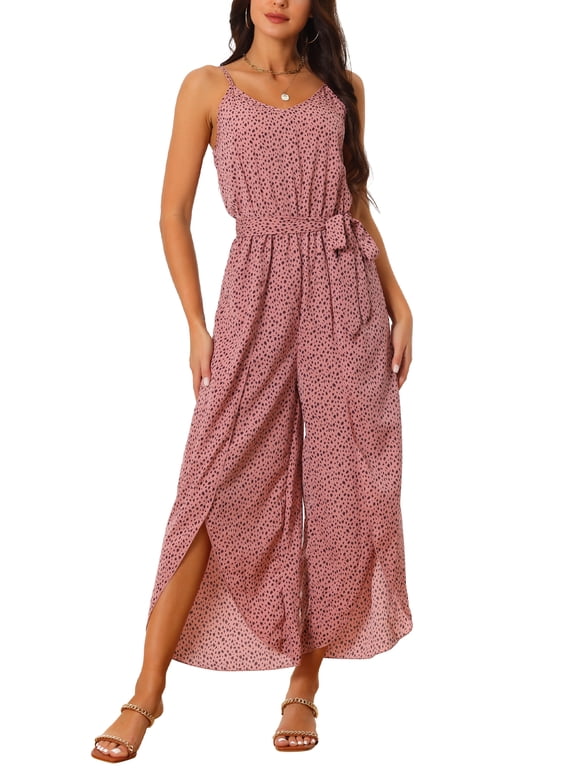 Women's Leopard Print Wide Leg Jumpsuit Sleeveless V-Neck Tie Waist Flowy Summer Long Romper with Pockets M Dark Pink