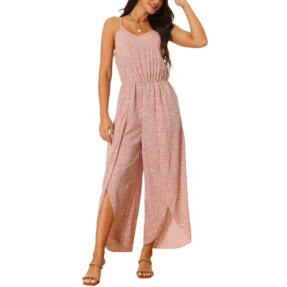 INSPIRE CHIC Women's Summer Casual Spaghetti Straps Sleeveless V Neck Tie Waist Split Wide Leg Jumpsuits Rompers