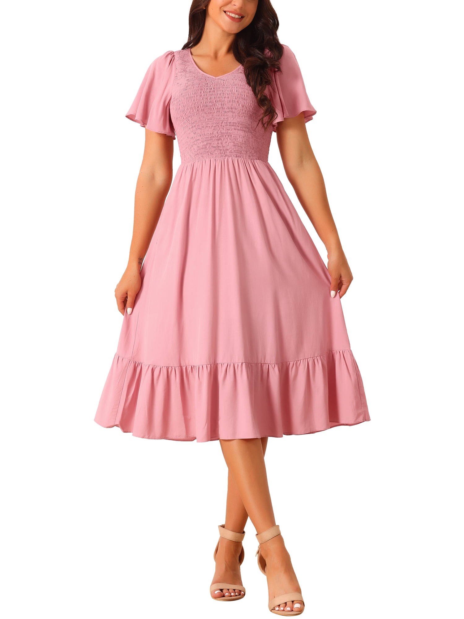 Seta T Women's Summer Casual V Neck Ruffle Sleeve Smocked