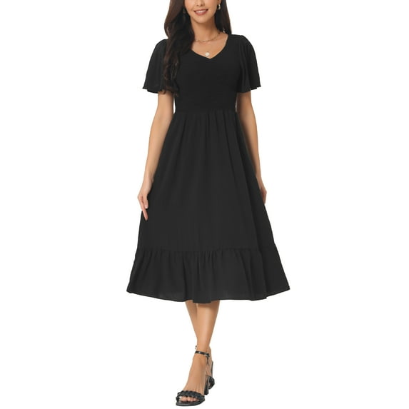 INSPIRE CHIC Women's Summer Casual V Neck Ruffle Sleeve Smocked Midi Dress with Pockets