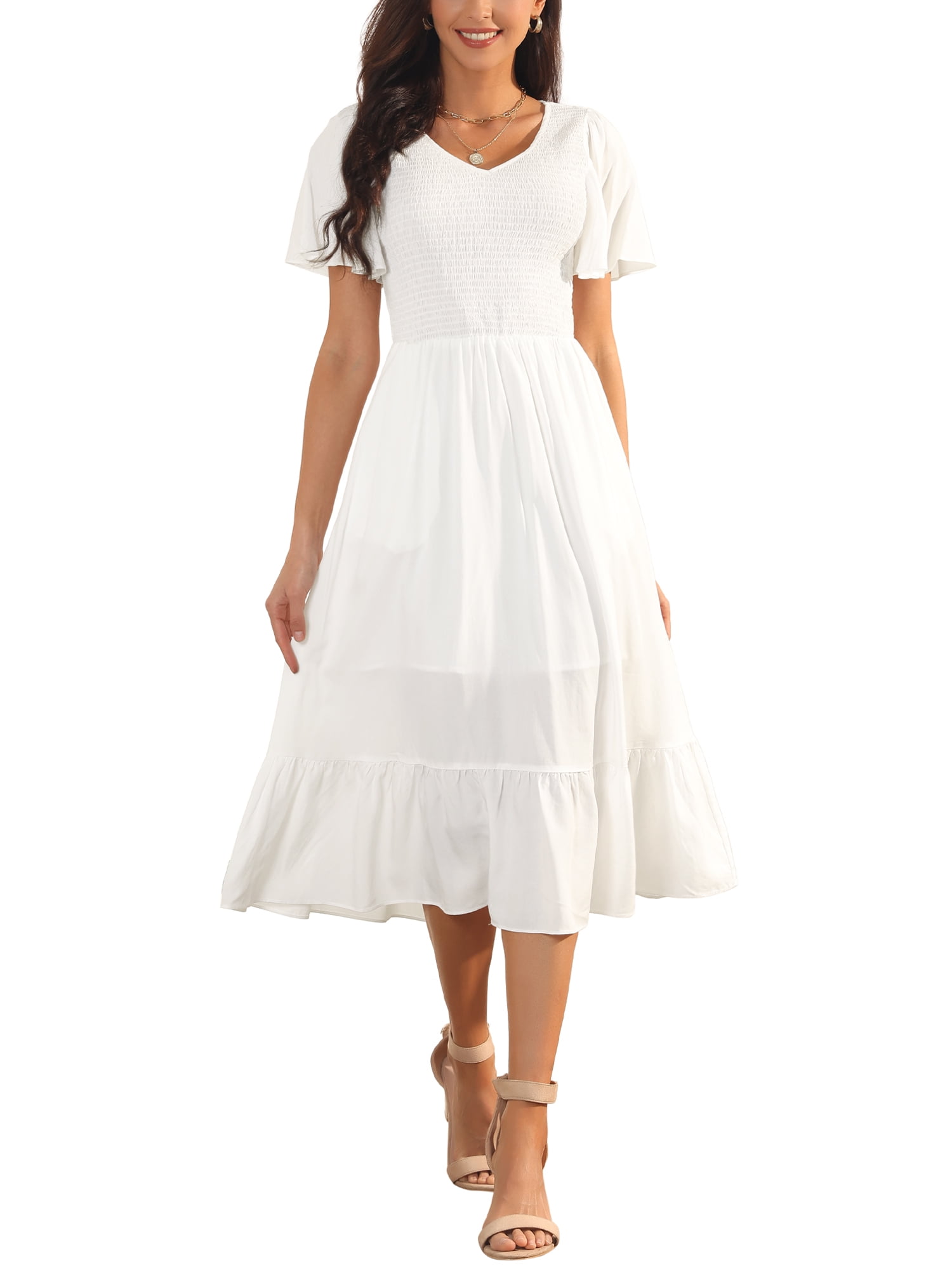 驚きの価格が実現! Seta Smocked Sleeve Ruffle Neck V Casual Summer Women's T Clothing