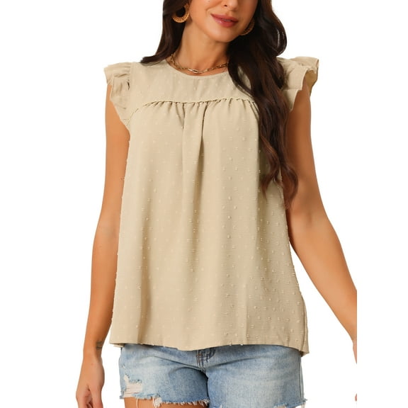 INSPIRE CHIC Women's Summer Crewneck Ruffle Sleeveless Blouse Swiss Dots Casual Shirt Tunic Tops Khaki S