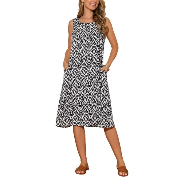 Women's Summer Dresses Beach Casual Sleeveless Sundress Crewneck Print Loose Midi Tank Dress with Pockets M Black