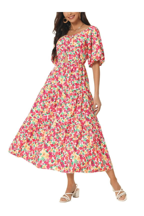Women's Midi Summer Dresses Casual Flowy Beach Square Neck Puff Short Sleeve Smocked Back Boho Floral Maxi Dress Red S