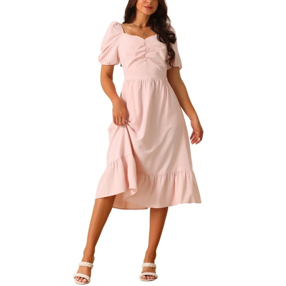 INSPIRE CHIC Women's Summer Dresses Casual Flowy Beach Square Neck Puff Short Sleeve Smocked Back Midi Dress