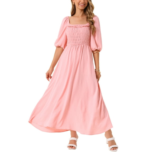 INSPIRE CHIC Women's Summer Dresses Casual Puff Half Sleeve Square Neck Smocked Flowy Midi Dress with Pockets M Pink