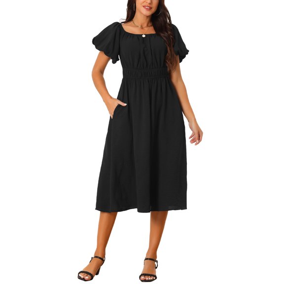INSPIRE CHIC Women's Summer Flowy Square Neck Puff Short Sleeve Elastic Waist Beach Midi Dress with Pockets Black M