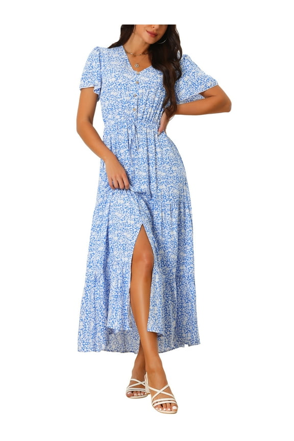 Women's Summer Dresses Casual V Neck Split Hem Short Sleeve Sundress Floral Maxi Dress XL Blue