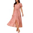 thumbnail image 1 of INSPIRE CHIC Women's Summer Dresses Casual V Neck Split Hem Short Sleeve Sundress Floral Maxi Dress XL Coral Red, 1 of 5