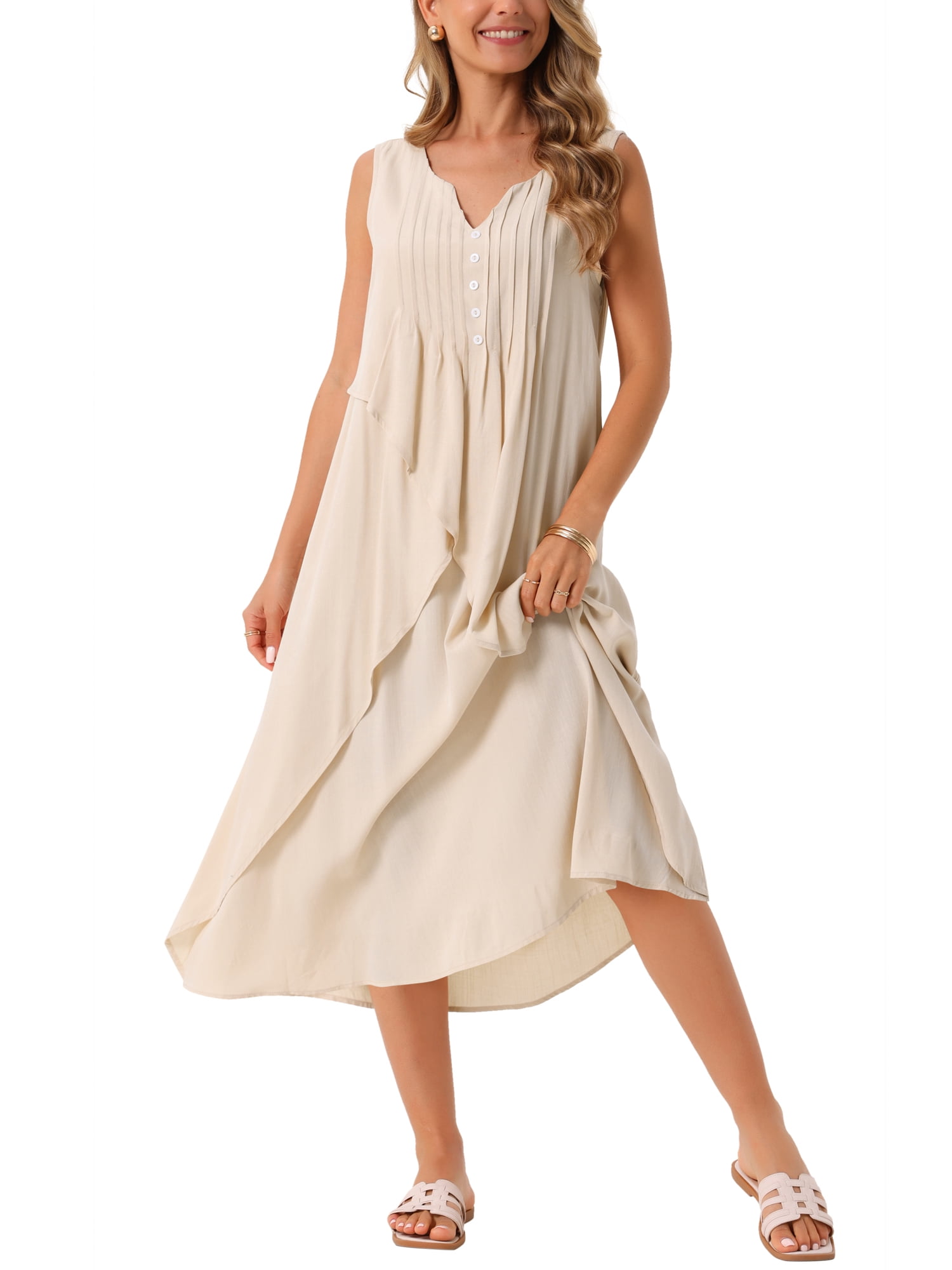 flowy tan dress Inspire Chic Women's Summer Dresses Sleeveless V Neck Button Decor Maxi Tank Beach L Apricot, Size: Large while the cascading ruffles create a whimsical BEIGE FLOWY DRESS WITH SHIMMER